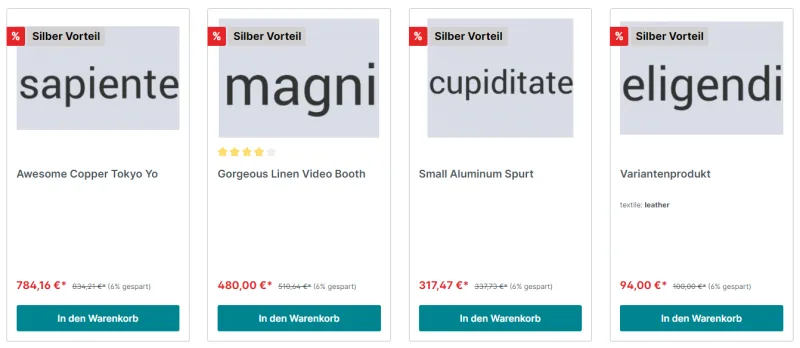 Produktliste, in der jede Karte das Abzeichen des Silber-Vorteils und den vergünstigten Preis trägt.