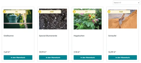 Produktliste, in der jede Karte anzeigt, wie viele Bonus Punkte der Kauf des Artikels einbringt.
