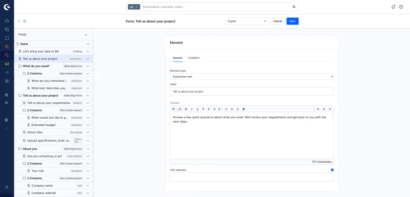 Formular-Editor in der Shopware-Administration: links der Feldbaum, rechts die Einstellungen des ausgewählten Elements.