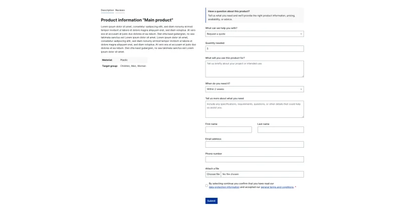 Produktdetailseite mit Anfrageformular in der Seitenspalte: Anliegen, Menge, Zeitpunkt, Kontaktdaten und Datenschutzbestätigung.