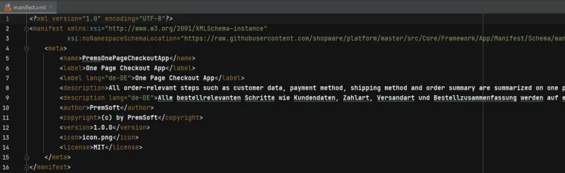 Ausschnitt der Datei manifest.xml mit Name, Label, Beschreibung, Autor und Version der App.