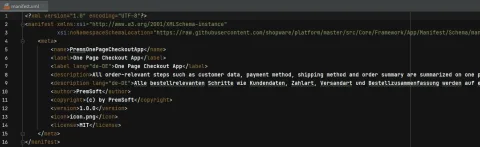 Ausschnitt der Datei manifest.xml mit Name, Label, Beschreibung, Autor und Version der App.