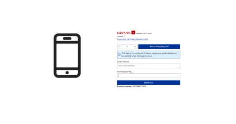 Produktdetailseite eines ausverkauften Artikels mit Hinweis, Feld für die E-Mail-Adresse, Wunschmenge und Schaltfläche zum Benachrichtigen.
