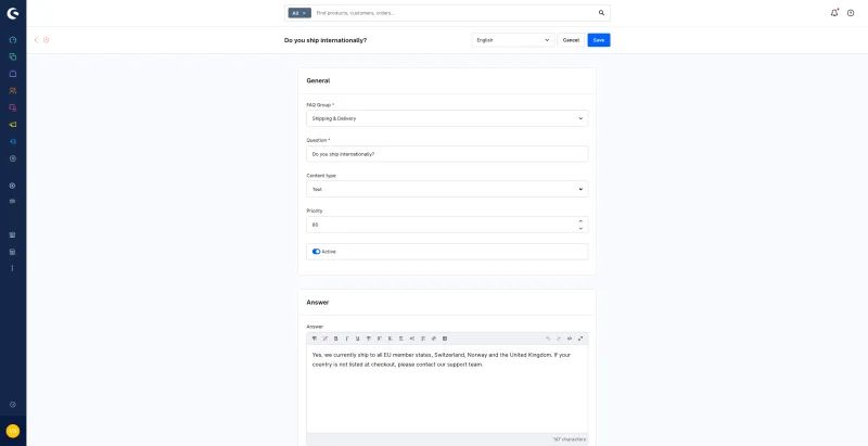 Detailansicht eines FAQ-Eintrags in der Shopware-Administration mit FAQ-Gruppe, Frage, Priorität und Antworttext.