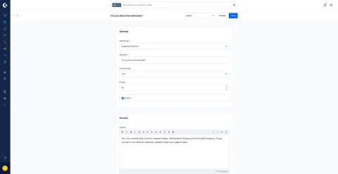 Detailansicht eines FAQ-Eintrags in der Shopware-Administration mit FAQ-Gruppe, Frage, Priorität und Antworttext.
