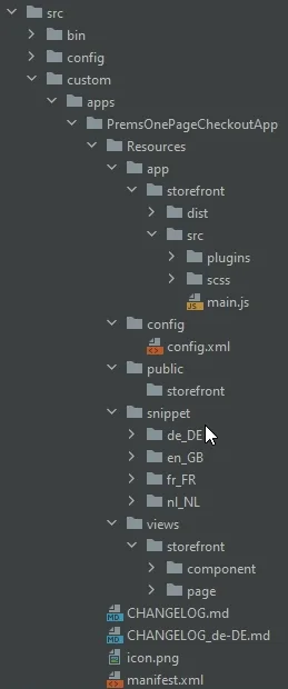 Verzeichnisbaum der App PremsOnePageCheckoutApp mit Resources, Snippets, Views und manifest.xml.